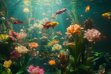 Fototapeta premium Explore a vibrant underwater garden where colorful fish swim gracefully among blooming flowers and lush aquatic plants
