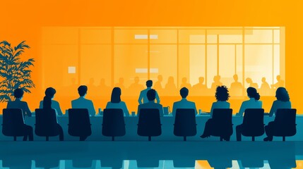 A flat design illustration of a business leader at the forefront of a planning session, where key future strategies are being discussed with the organizational team. The room is bright, modern, and