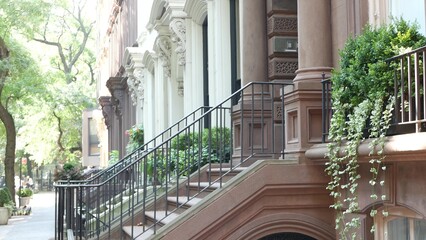 New York City townhouse building, Brooklyn Heights residential district, USA. Brownstone urban...