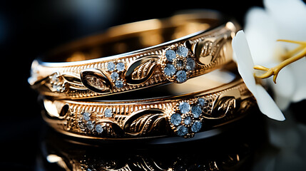 Two gold rings with a white candle in the middle, antique silver bracelet, antique silver jewelry, antique silver jewelry box