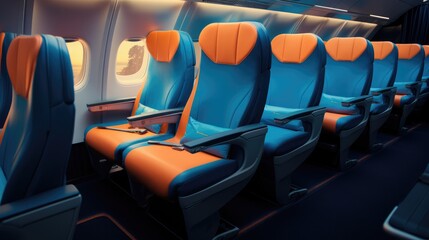 Fototapeta premium A row of airplane seats in a blue and orange color scheme, with a window view of a sunset. The seats are empty and ready for passengers.