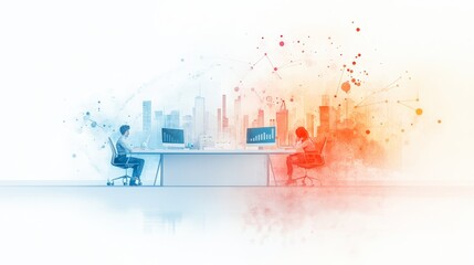 A watercolor illustration of a leadership team actively working on future planning in a vibrant, creative office space. The setting is full of color and energy, emphasizing organizational growth and