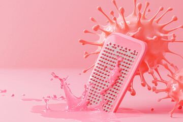 A playful clash of color and creativity as a pink brush encounters a vibrant virus strain in an imaginative setting