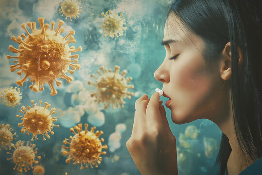 A doctor hands a pill to a woman sneezing in a medical consultation about seasonal allergies during a vibrant health awareness campaign
