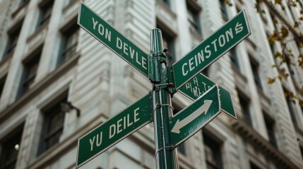 Fototapeta premium Green Street Signs Intersecting at a Pole Against a White Building