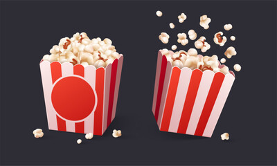 Paper cup full of popcorn isolated on white background. Fast food pop corn snack for movie films watching in the cinema theater. Vector illustration.