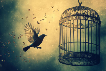 Fototapeta premium A delicate bird escapes its cage, embracing freedom amidst a colorful twilight sky filled with dreams and hope