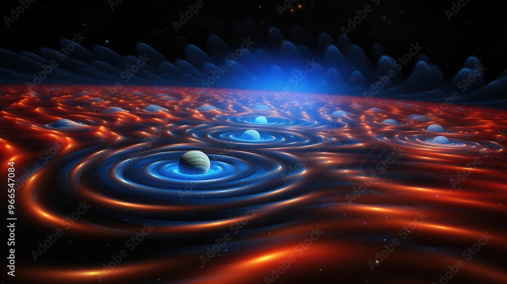 Poster a surreal and abstract image of a cosmic landscape with glowing orbs floating in a rippling, luminou