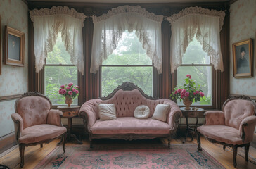 Victorian Elegance: A Drawing Room with Lace Curtains and Vintage Charm