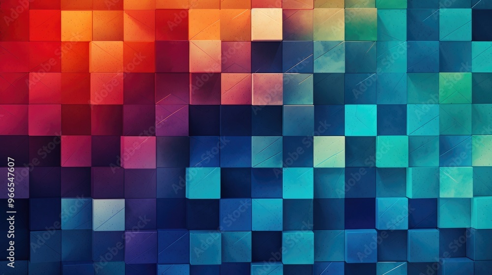 Poster a vibrant abstract background featuring a grid of colorful squares, transitioning from warm reds to 