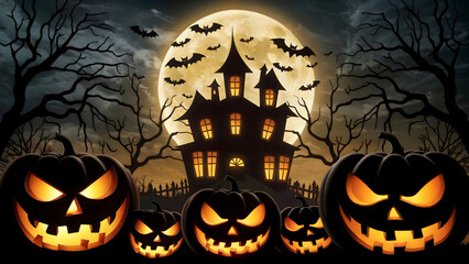 Fototapeta premium Classic Halloween Scene with Glowing Jack-O'-Lanterns, a Spooky Haunted House, and a Full Moon Illuminating Flying Bats