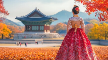 Fototapeta premium Woman in Traditional Hanbok Dress in a Korean Palace