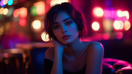 Fototapeta premium Stylish Woman in Neon Night Setting with Vibrant Urban Vibes