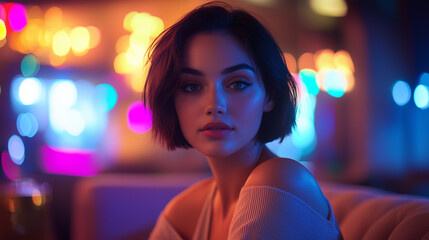 Fototapeta premium Chic Woman in Neon Lounge with Soft Lighting and Urban Vibes