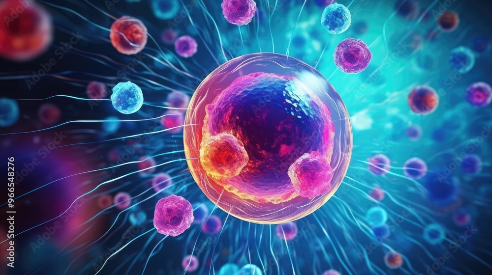Poster a vibrant and colorful abstract image of cells connected by glowing lines, evoking a sense of interc