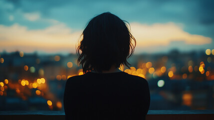 Fototapeta premium Backlit Woman Facing Distant City Lights During Evening From Rooftop