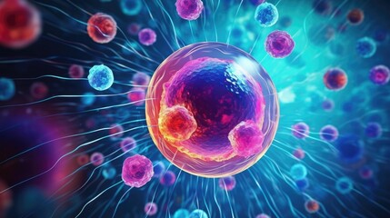 Obraz premium A vibrant and colorful abstract image of cells connected by glowing lines, evoking a sense of interconnectedness and the beauty of the microscopic wor