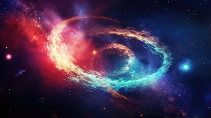 Obraz premium A vibrant and colorful nebula swirls in the vast expanse of space, with a mix of red, blue, and green hues.