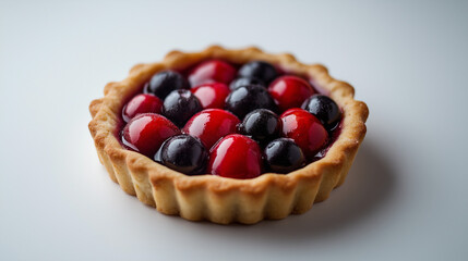 a small peach tart with fresh peaches and a glaze finish against an isolated white background