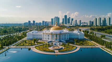 Fototapeta premium Palace with Golden Dome and Surrounding Gardens in Astana, Kazakhstan