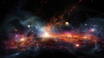 Obraz premium A vibrant nebula bursts with color and light, illuminating the vast expanse of space.