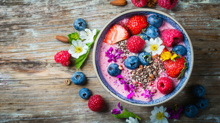 a top-down view of a colorful smoothie bowl made with plant-based protein powder, topped with fresh fruits, nuts, seeds, and edible flowers
