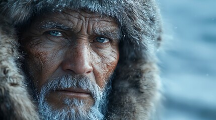 Close-up portrait of a man with a weathered face and icy beard, wearing a fur-lined hood against a snowy backdrop.