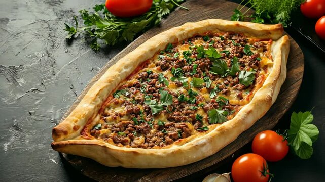 Delicious homemade Turkish pide with ground meat, fresh tomatoes, and parsley served on a rustic wooden board