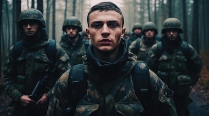 Fototapeta premium A young soldier stands in a forest, his face grim and determined. He is surrounded by his comrades, all clad in camouflage gear.