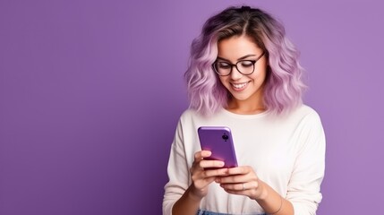 A young woman with purple hair smiles as she looks down at her phone. She is wearing a white shirt and is standing against a purple background.