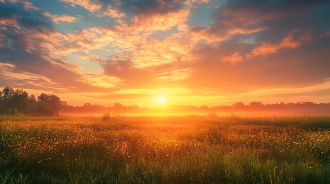 Golden Sunrise Over a Misty Meadow
