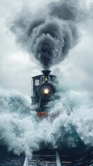 Powerful vintage steam locomotive engine surging through stormy clouds and churning waves during a perilous high speed railway journey capturing the raw power suspense