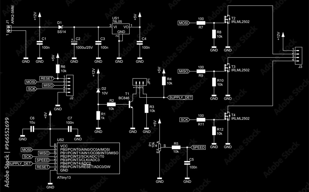 Poster schematic diagram of electronic device on sheet of paper. vector drawing electrical circuit with int