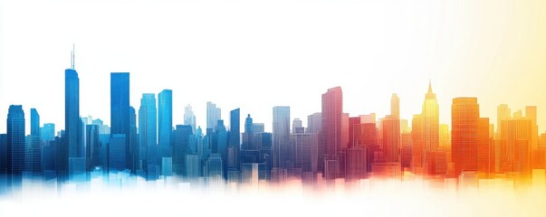 Fototapeta premium City skyline with a gradient of blue to orange tones against a white background, featuring modern skyscrapers in an abstract style
