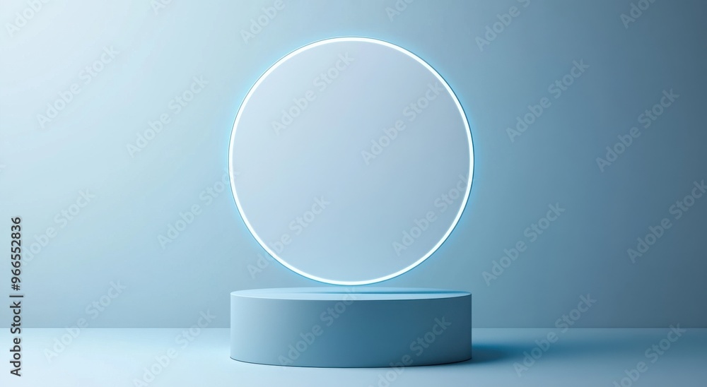 Aufkleber minimalist floating card with blue glowing edges on a round platform in a soft blue background