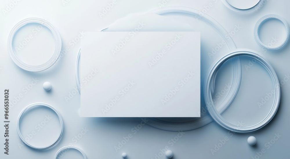 Poster minimalist design with a blank white card floating in a circular art composition on a soft blue back