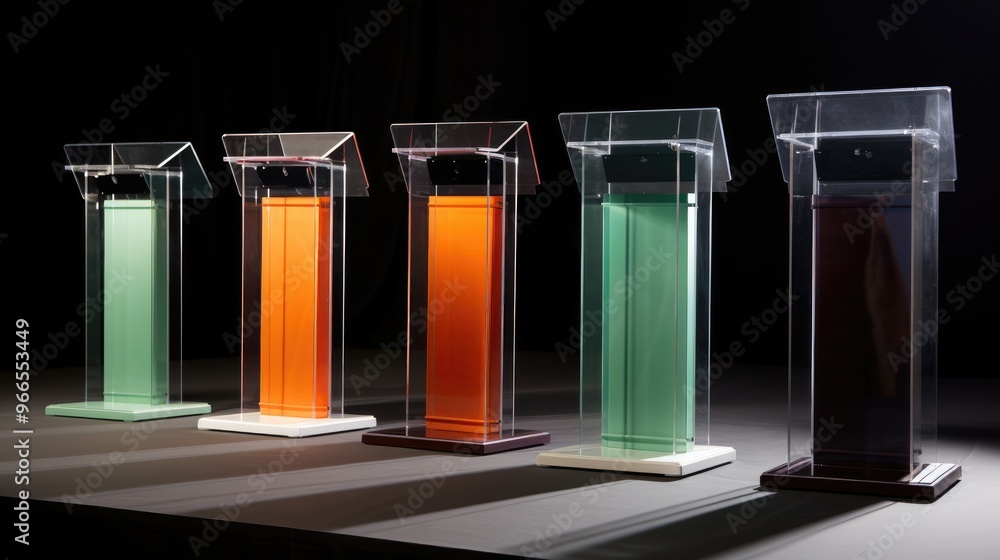 Poster five empty podiums stand in a row on a stage, ready for speakers to deliver their messages.