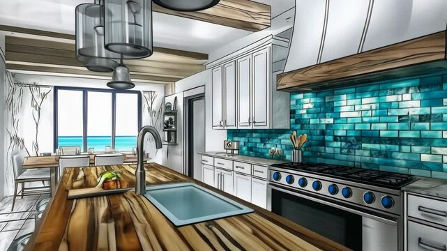Stunning coastal kitchen design featuring a large wooden island and vibrant blue backsplash elements in a modern home