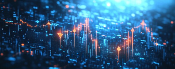 Glowing financial graph on blue background depicting data analysis and economic trends with vibrant arrows indicating growth and investment opportunities