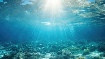 Obraz premium Sunlight streams through the crystal-clear water, illuminating the rocky seabed and casting long shadows.