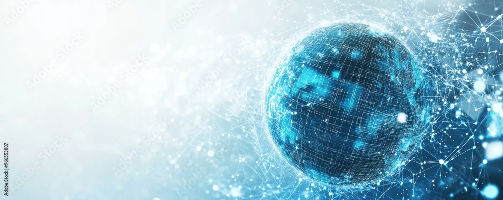 Poster digital globe on a blue background with interconnected lines representing global connectivity and te