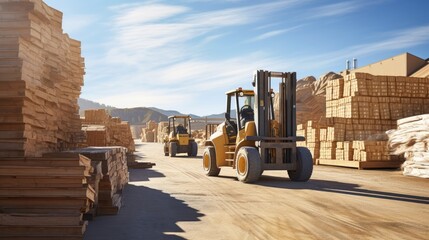 Naklejka premium Two forklifts are parked in a lumber yard, surrounded by stacks of wood. The sky is a beautiful blue with wispy clouds.