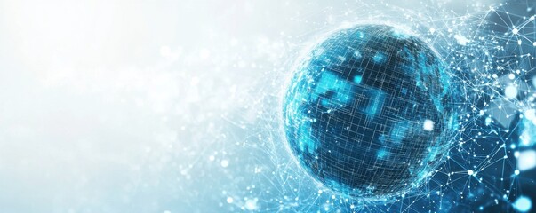 Digital globe on a blue background with interconnected lines representing global connectivity and technology