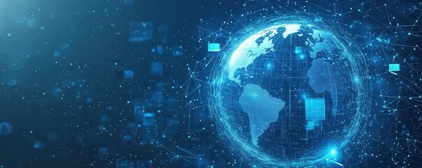Obraz premium Digital globe on a blue background representing global communication and technology advancements