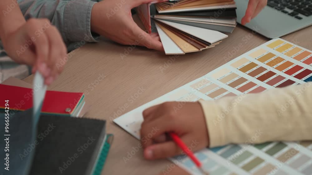 Poster slow motion hand closeup architect and interior designer presenting textile material and color from 