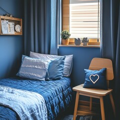 Blue Bedroom Interior with a Cozy Bed and a Chair