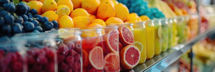 Assorted fruits stacked on counter at market for juicing with manual press Fresh fruit slices in glass Close up shot