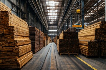 Stacks of Wooden Planks in a Warehouse with Overhead Crane
