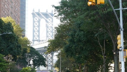 Manhattan Bridge to Brooklyn Dumbo. New York City symbol, USA travel destination. Architecture of...