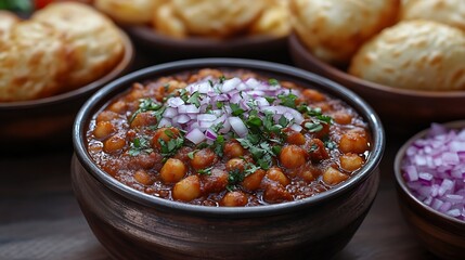 Spicy chole served puffed bhature garnished with onions and coriander in a street food setting